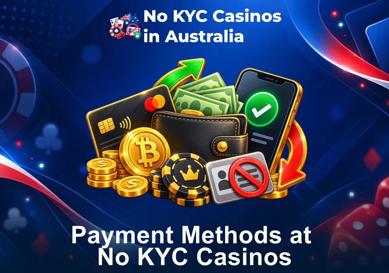 Payment methods at No KYC casinos including cards, crypto and digital wallets.